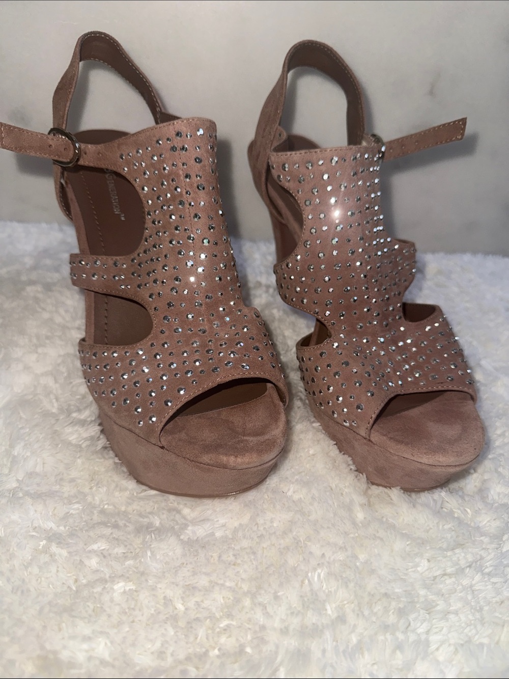 BCBGeneration Pink Suede Rhinestone Wedge Sandals
